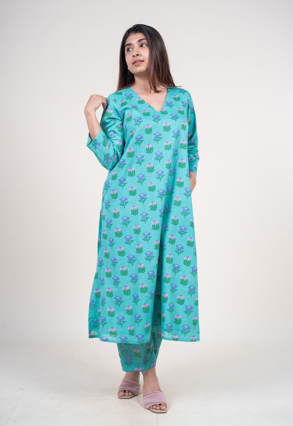 Prita Teal Blue Printed Mul Narrow Pant