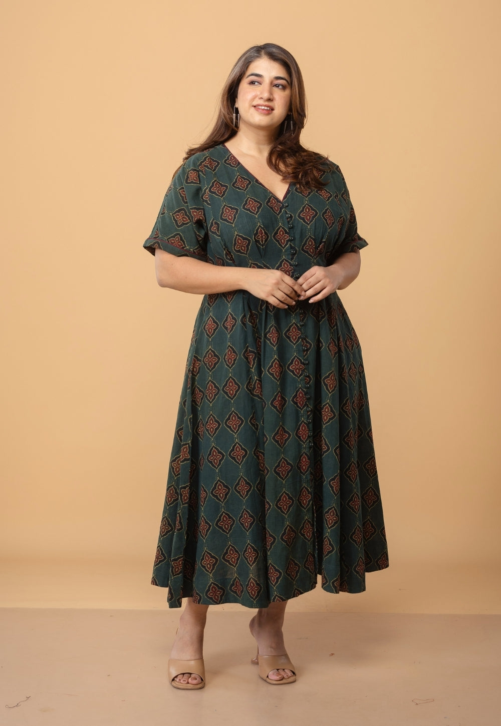 Reema Green Dabu Slub Cotton A Line Dress
