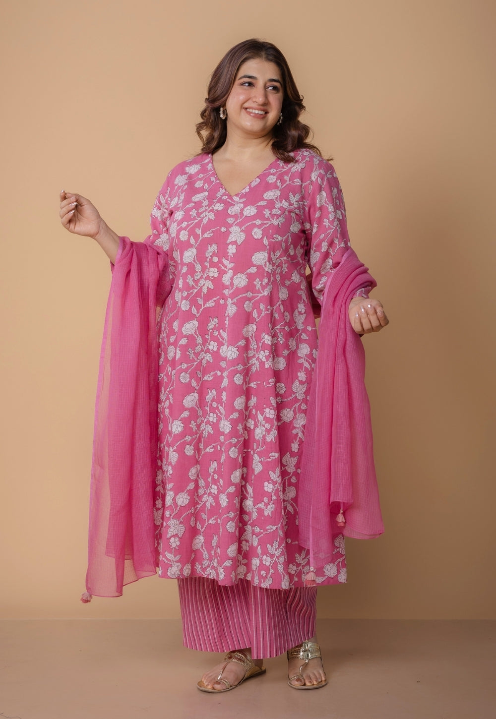 Karisma Pink Dabu Slub Cotton Kali Kurta