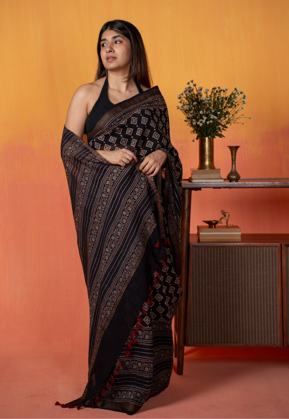 Black Aztec Ajrakh Hand Block Print Maheshwari Saree