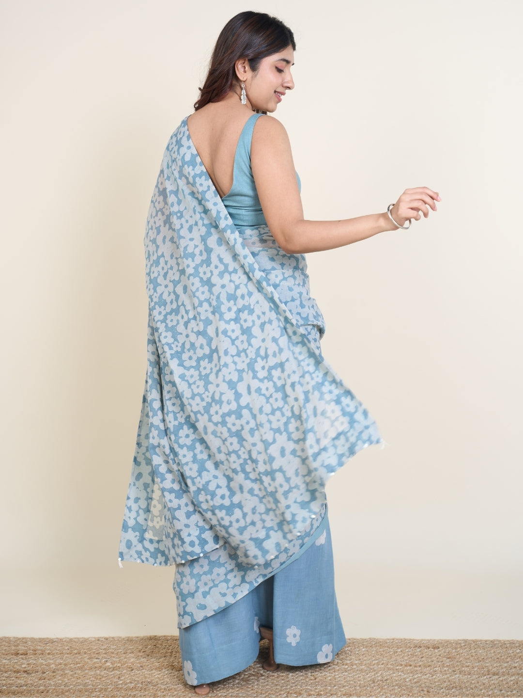 Warisha Blue Batik Hand Block Print Mul Cotton Saree with Embroidery