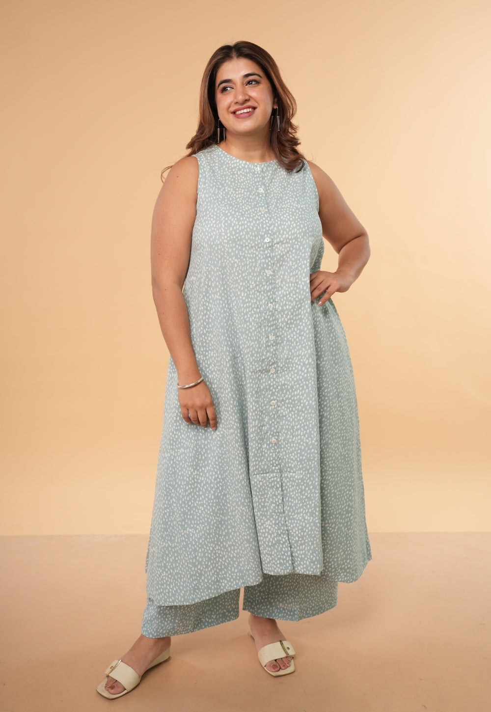Heena Blue Hand Block Print Slub Cotton A Line Kurta