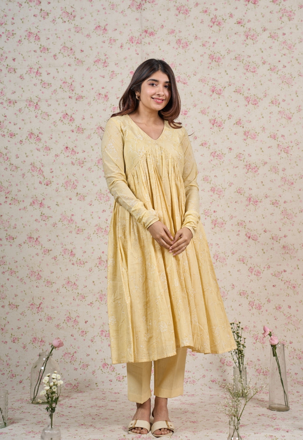Amy Yellow Sanganeri Mul Cotton A Line Kurta Set (Set of 2)
