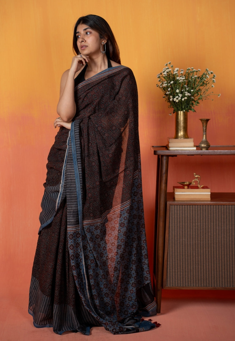 Black Geometric Jaal Ajrakh Hand Block Print Mul Saree