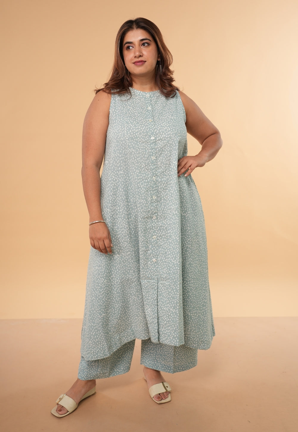 Heena Blue Hand Block Print Slub Cotton A Line Kurta