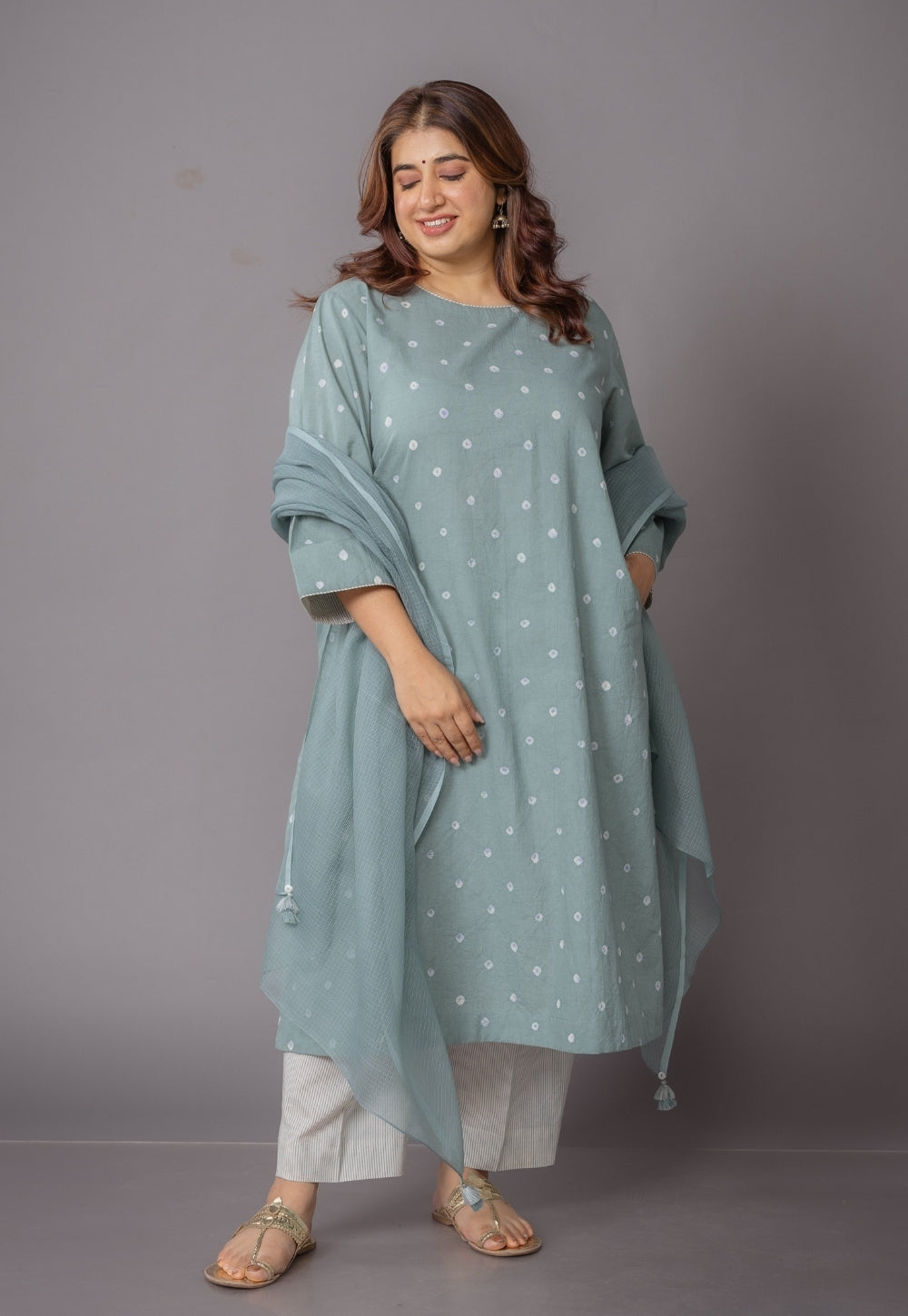 Harsha Green Bandhani Cotton Straight Suit Set (Set of 3)
