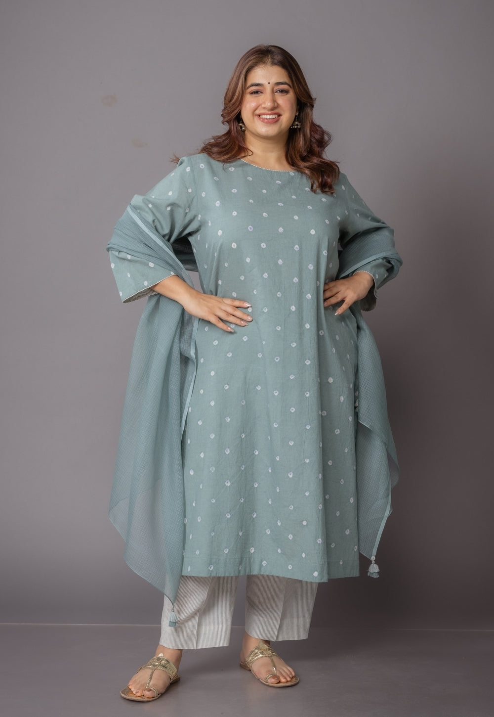 Harsha Green Bandhani Cotton Straight Suit Set (Set of 3)