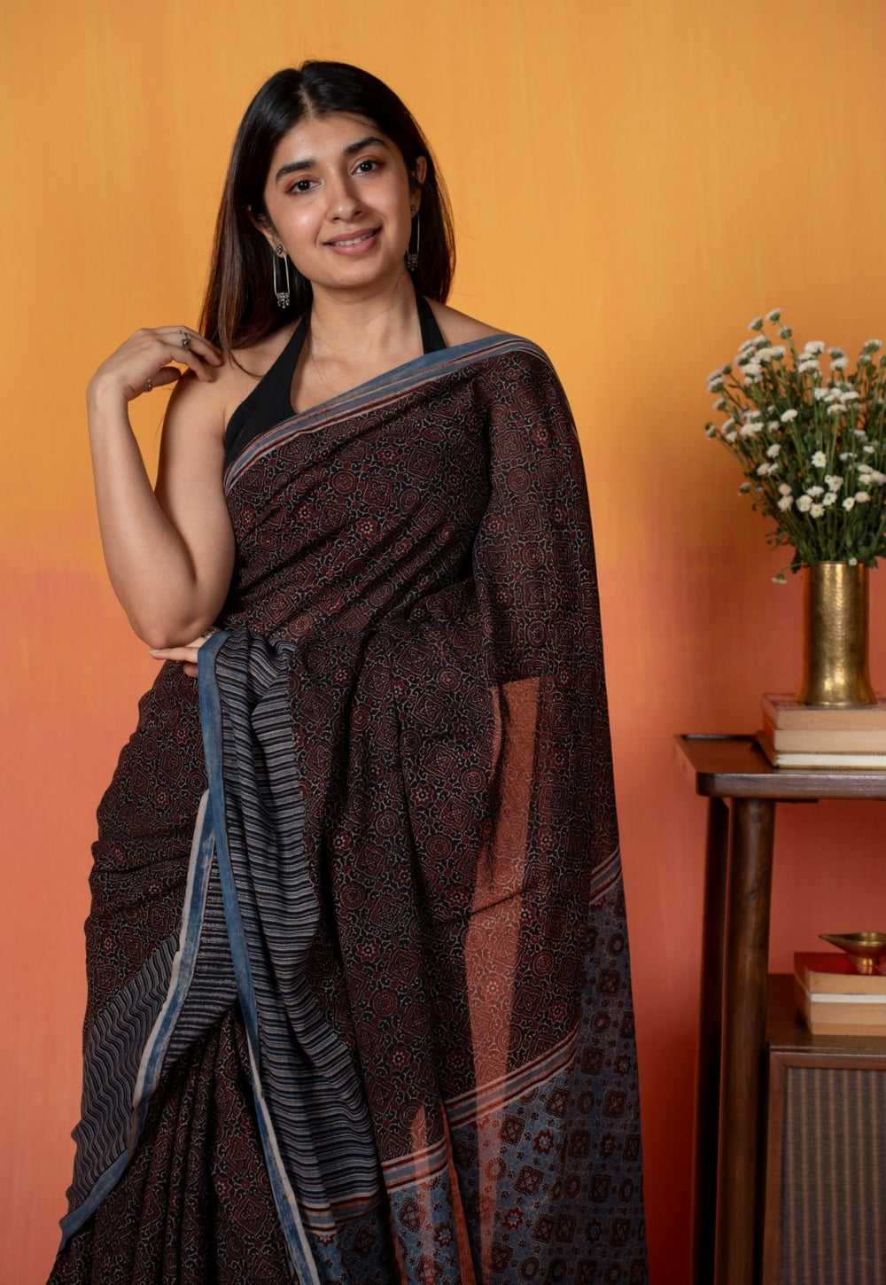 Black Geometric Jaal Ajrakh Hand Block Print Mul Saree