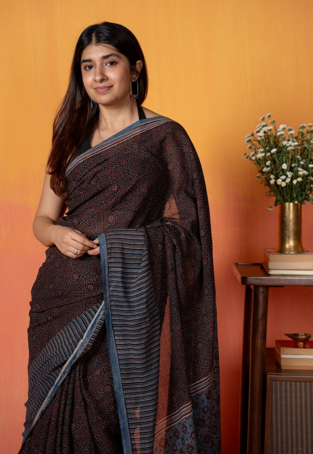 Black Geometric Jaal Ajrakh Hand Block Print Mul Saree
