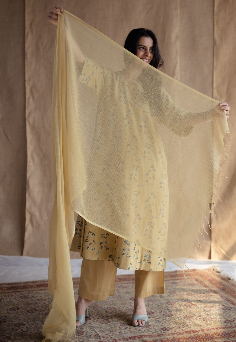 Kavya Yellow Ajrakh Cotton Straight Suit Set (Set of 3)