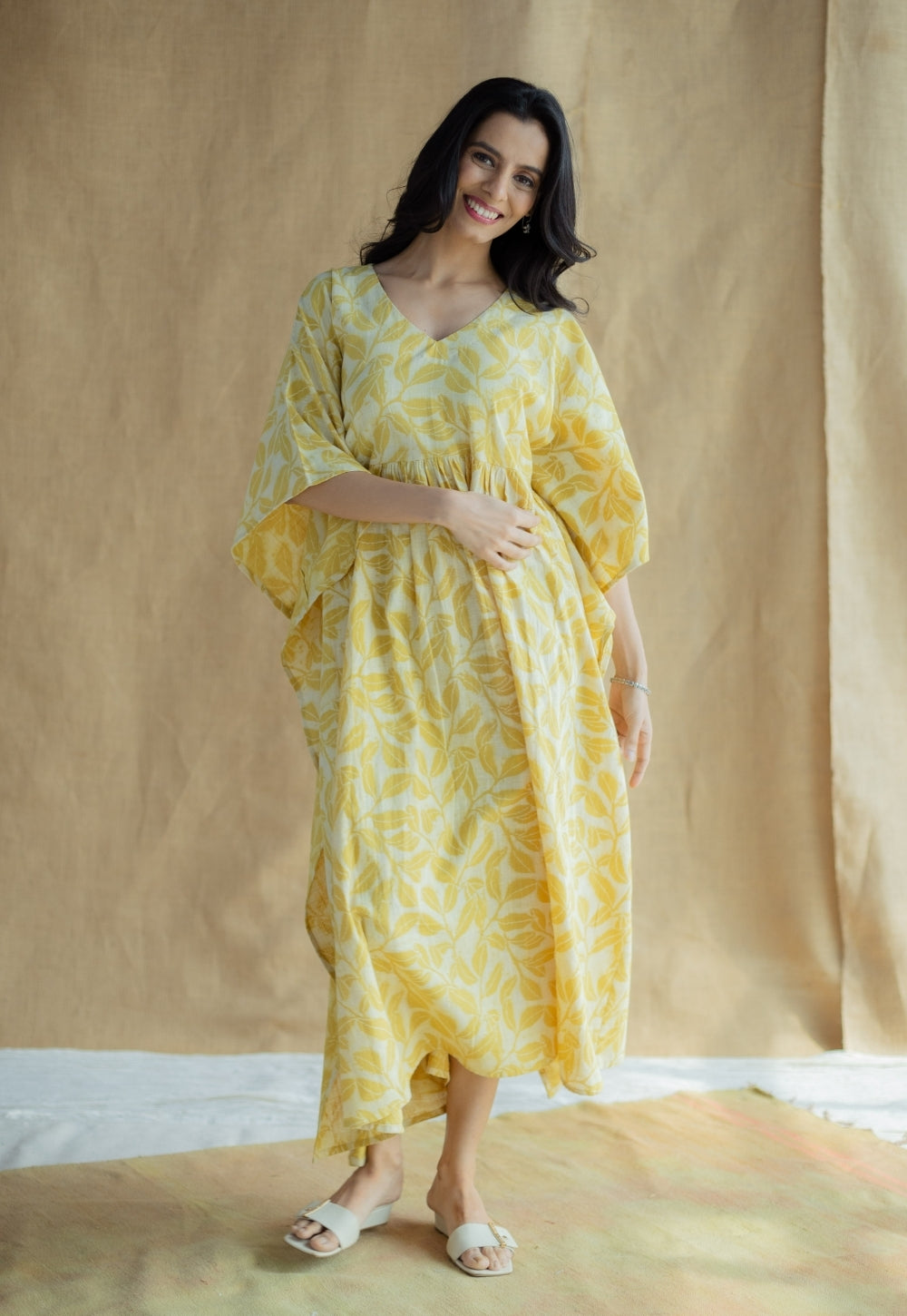 Ifrah Mustard Hand Block Print Slub Cotton Anti-Fit Kaftan