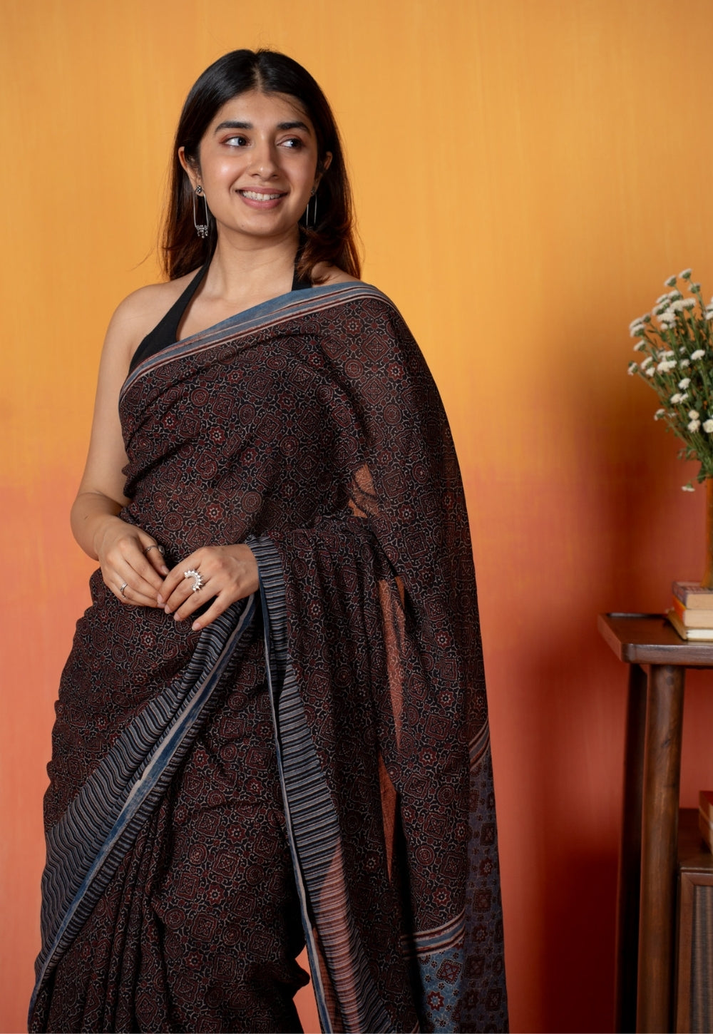 Black Geometric Jaal Ajrakh Hand Block Print Mul Saree