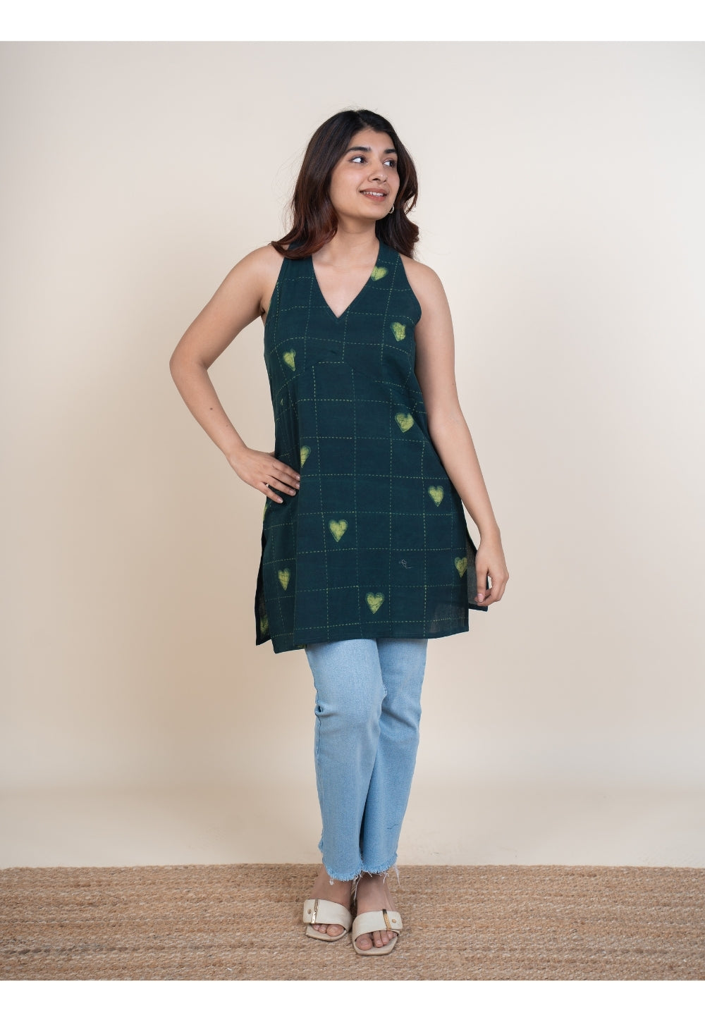 Sivya Green Dabu Cotton Straight Short Top