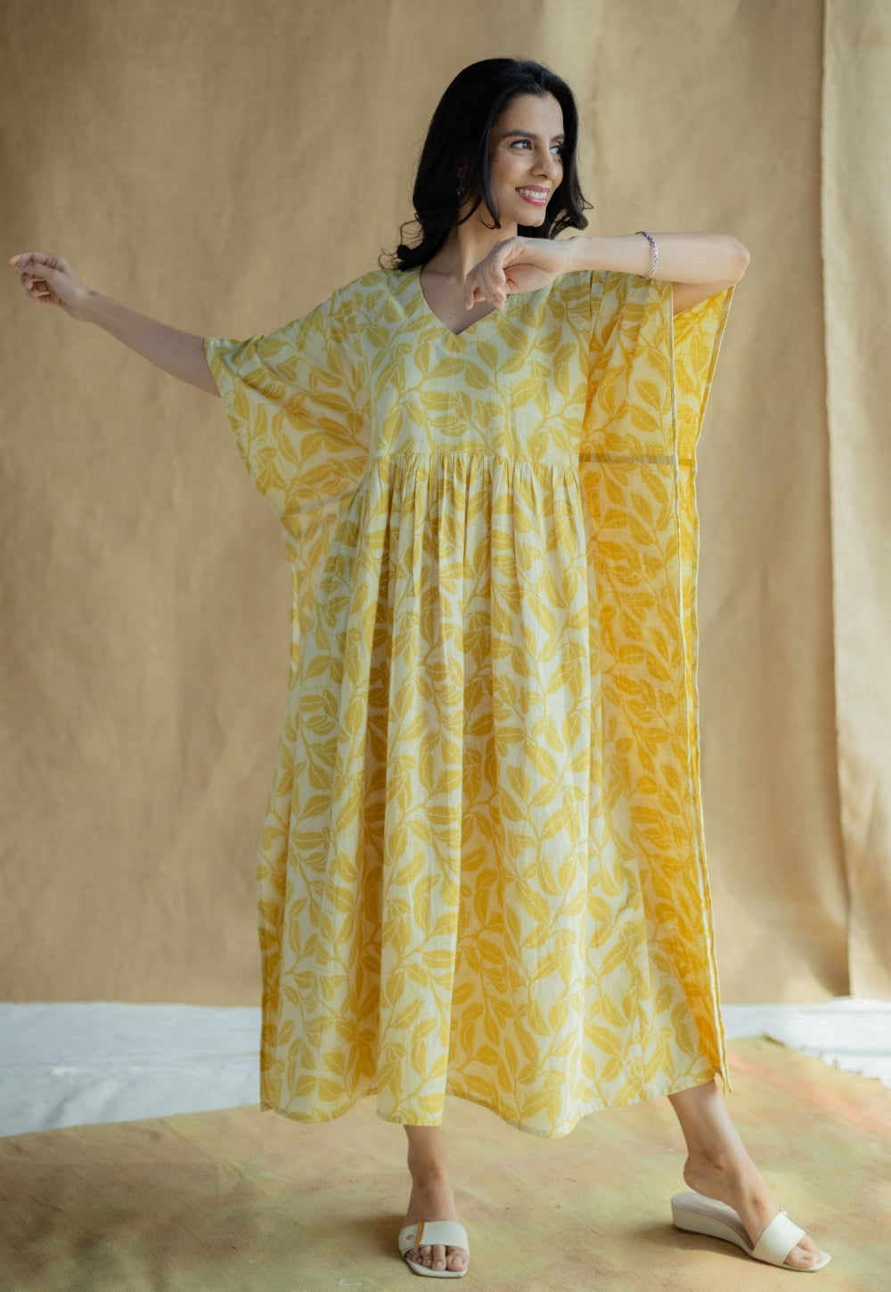 Ifrah Mustard Hand Block Print Slub Cotton Anti-Fit Kaftan