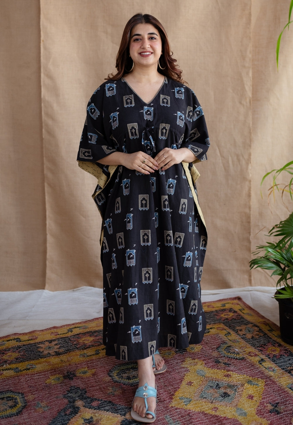 Sona Charcoal Ajrakh Cotton Anti-Fit Kaftan