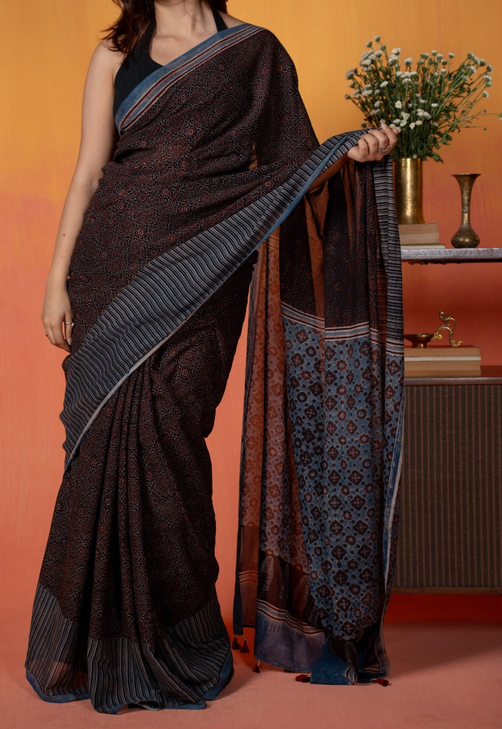 Black Geometric Jaal Ajrakh Hand Block Print Mul Saree