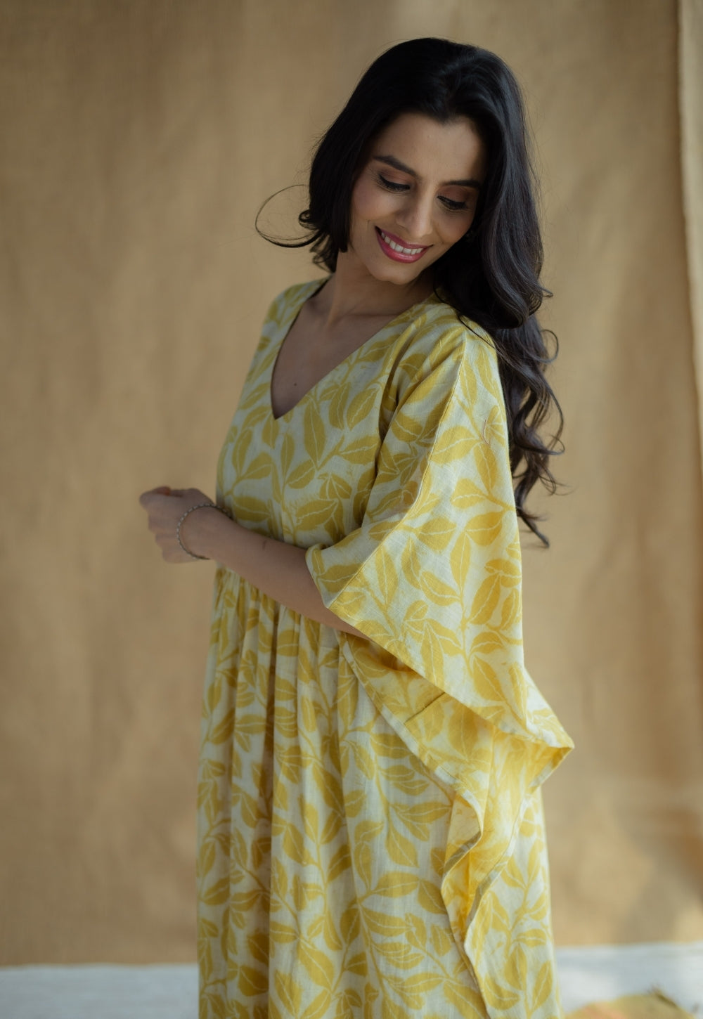 Ifrah Mustard Hand Block Print Slub Cotton Anti-Fit Kaftan