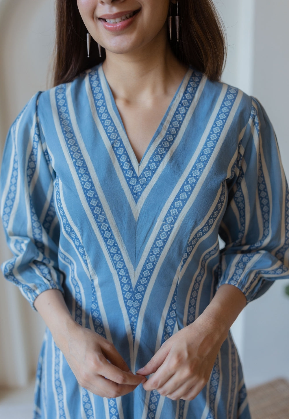Iyana Blue Ajrakh Cotton A Line Dress