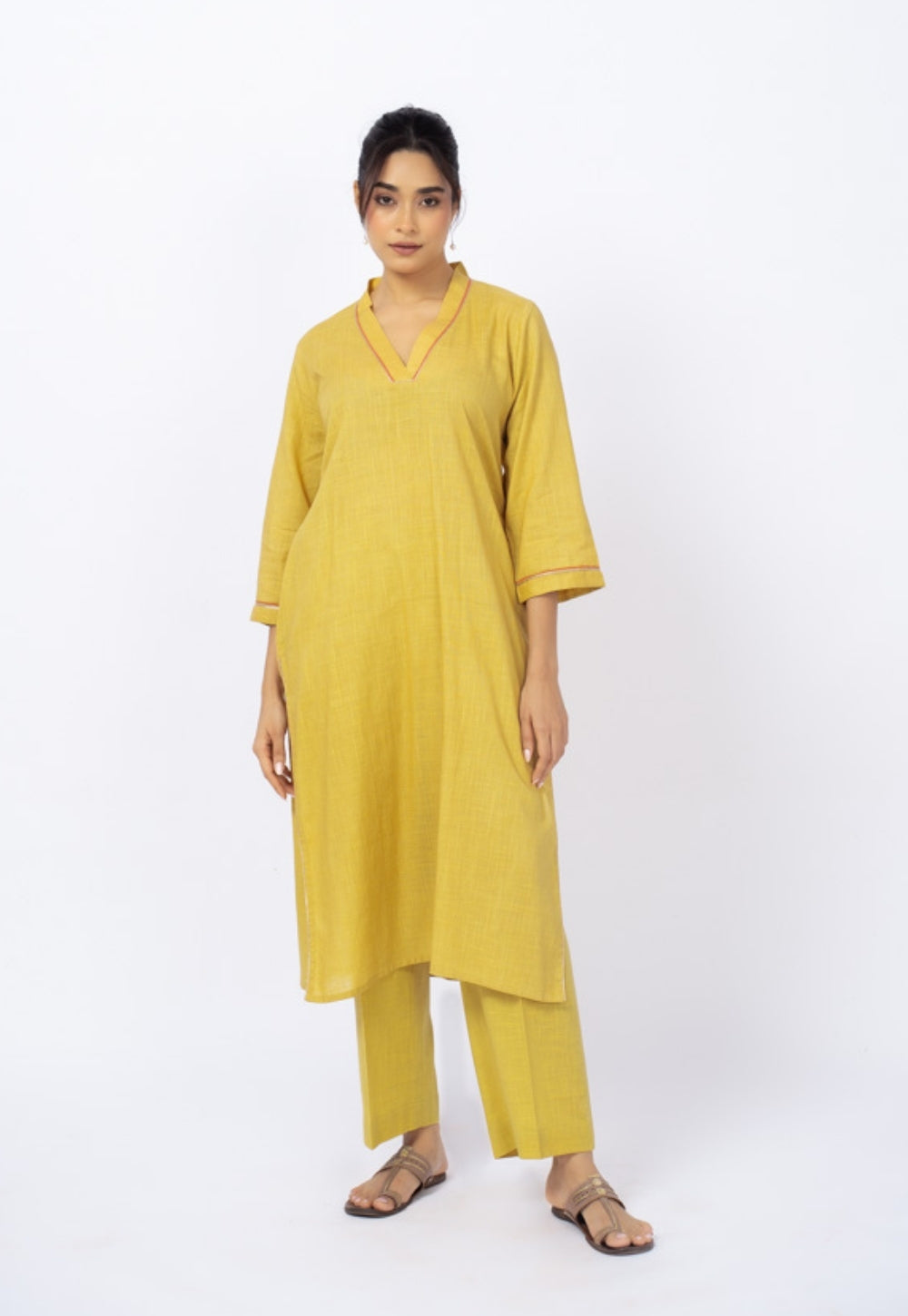 Zeenat Yellow Solid Slub Cotton Straight Kurta Suit Set with Solid Dupatta (Set of 3)
