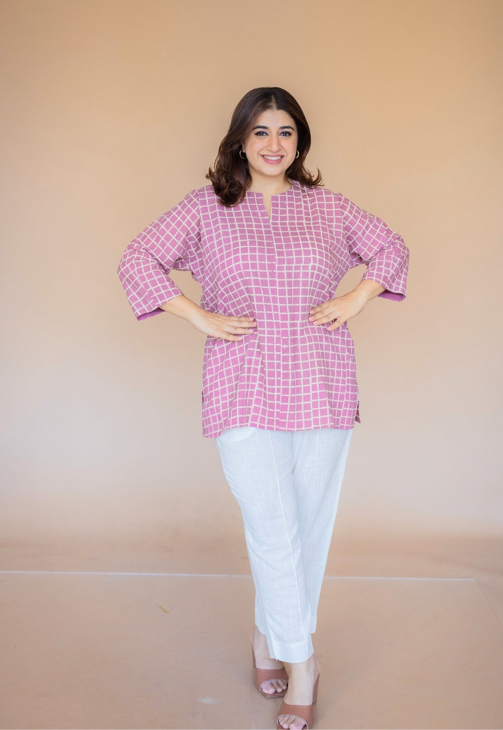 Lyla Pink Hand Block Print Slub Cotton Straight Short Top