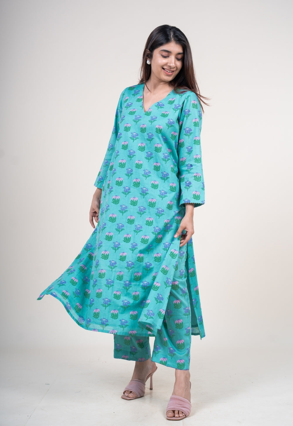Neel Teal Blue Printed Mul A Line Kurta with Hand Embroidery
