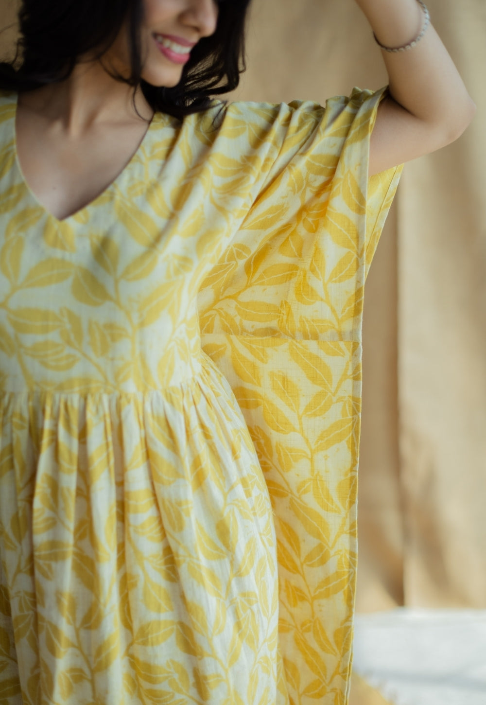 Ifrah Mustard Hand Block Print Slub Cotton Anti-Fit Kaftan