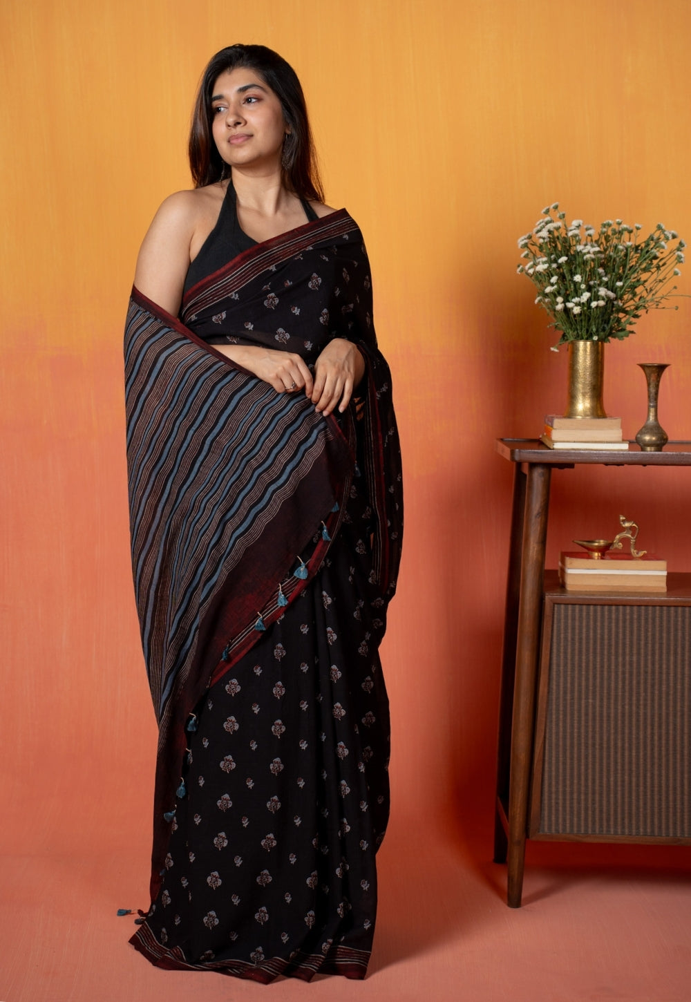Black Floral Butti Ajrakh Hand Block Print Mul Saree