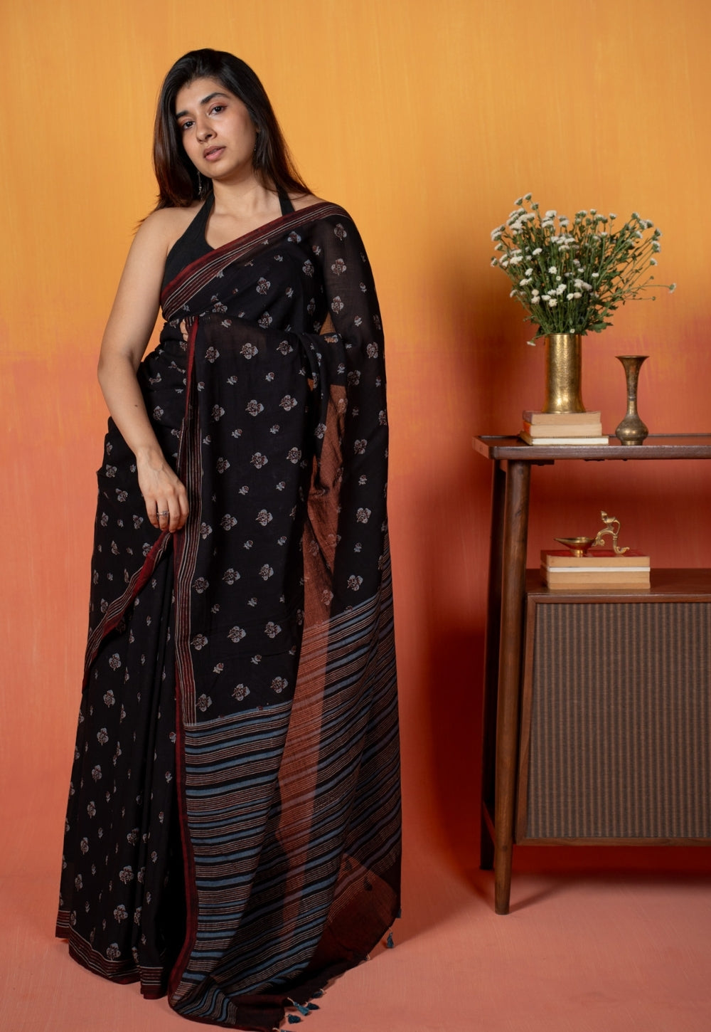 Black Floral Butti Ajrakh Hand Block Print Mul Saree