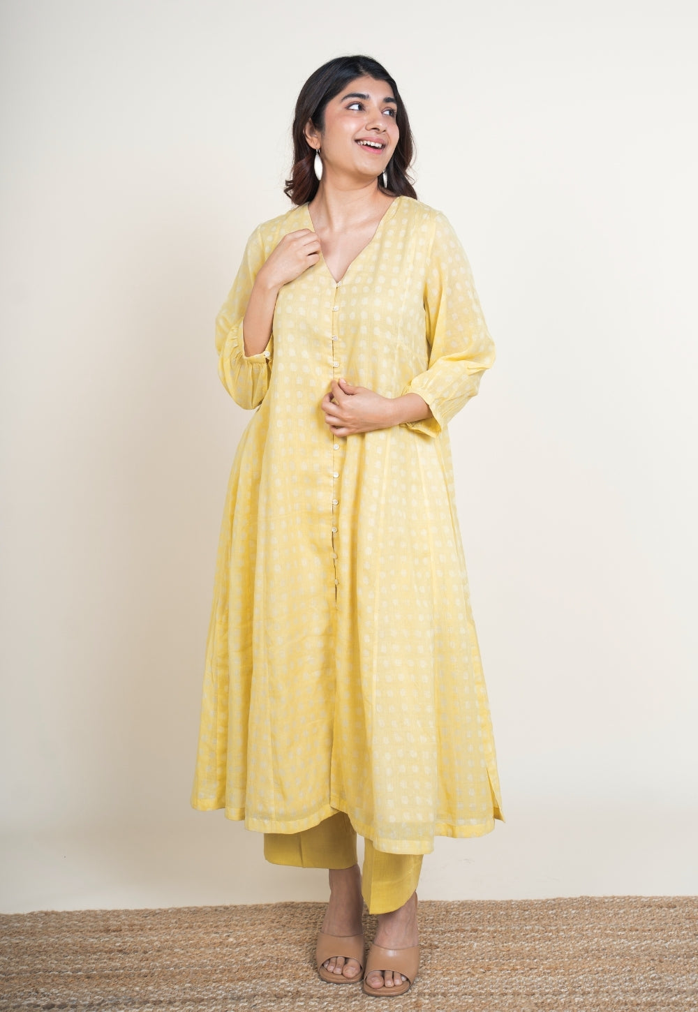 Zeba Yellow Batik MulMul A Line Kurta