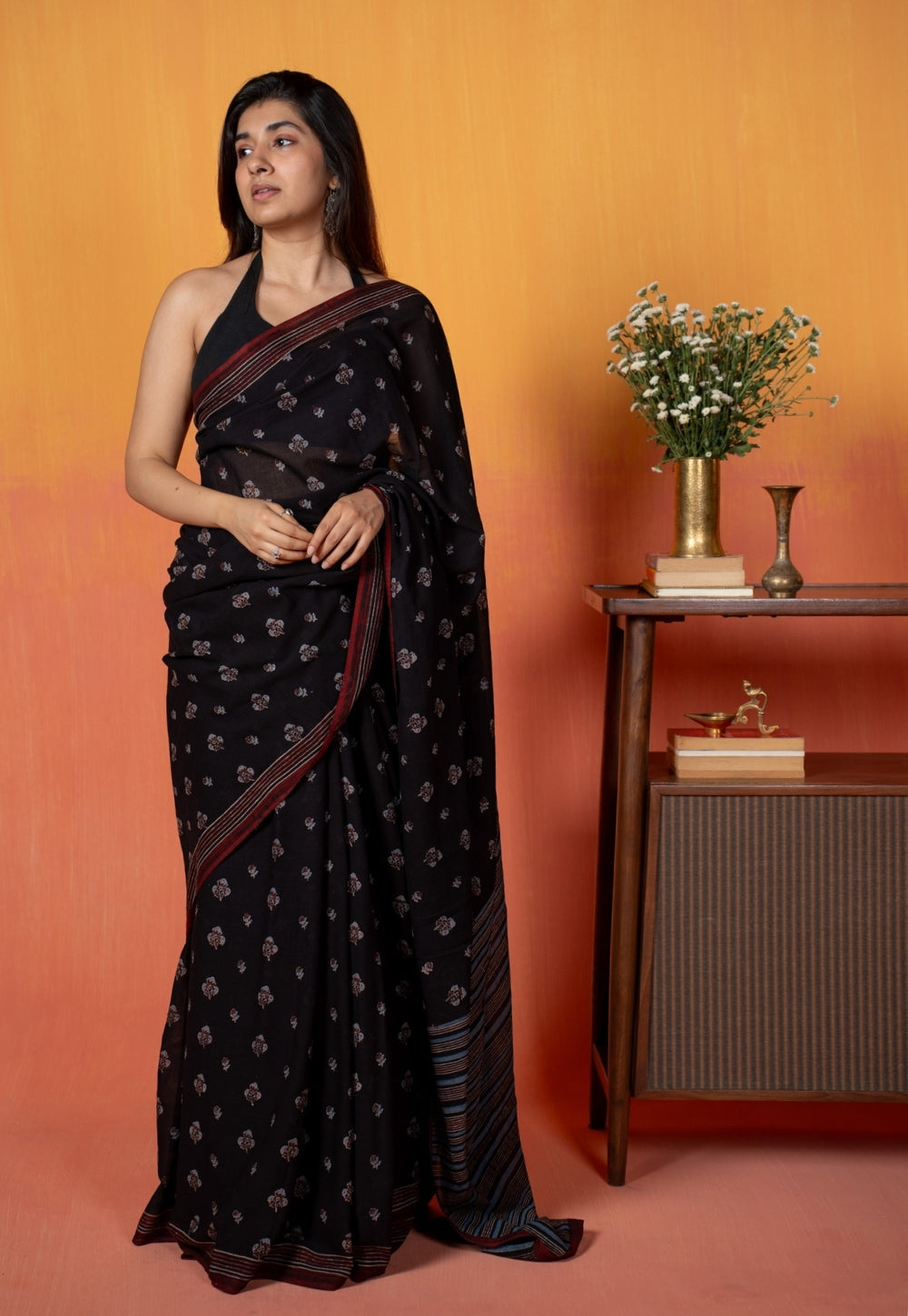 Black Floral Butti Ajrakh Hand Block Print Mul Saree
