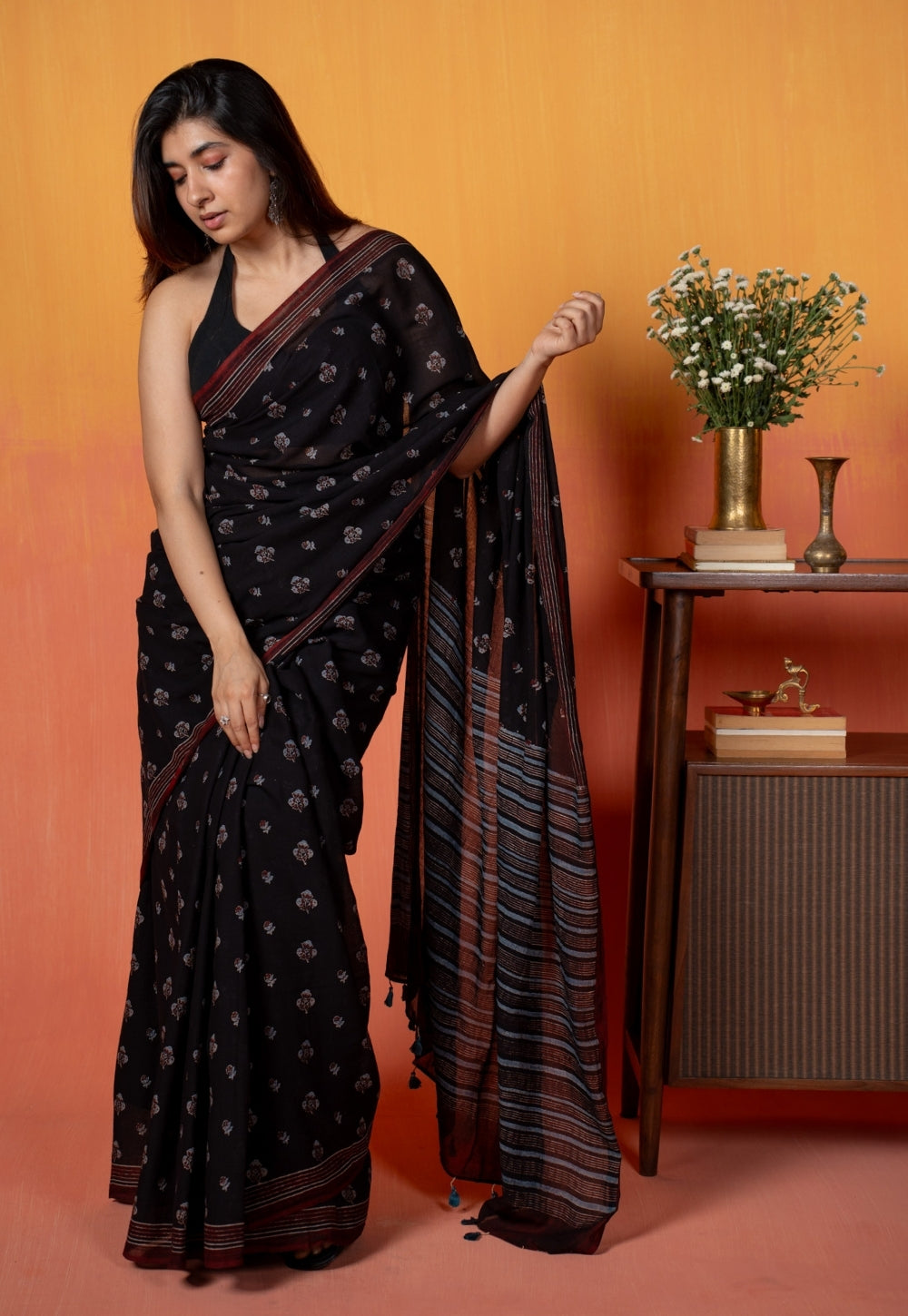 Black Floral Butti Ajrakh Hand Block Print Mul Saree