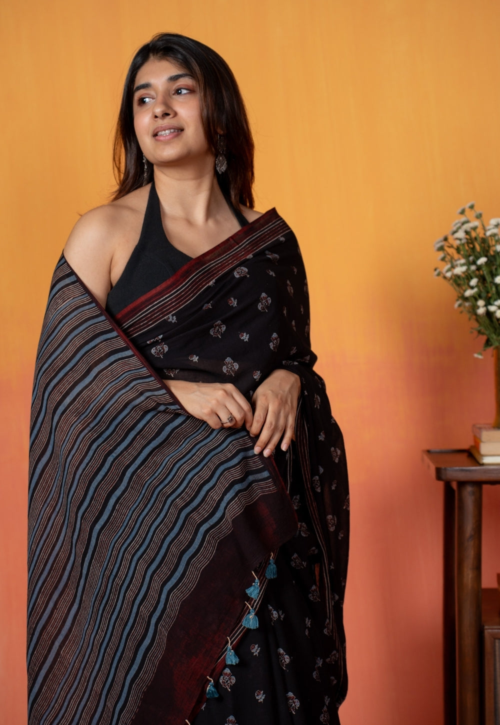 Black Floral Butti Ajrakh Hand Block Print Mul Saree