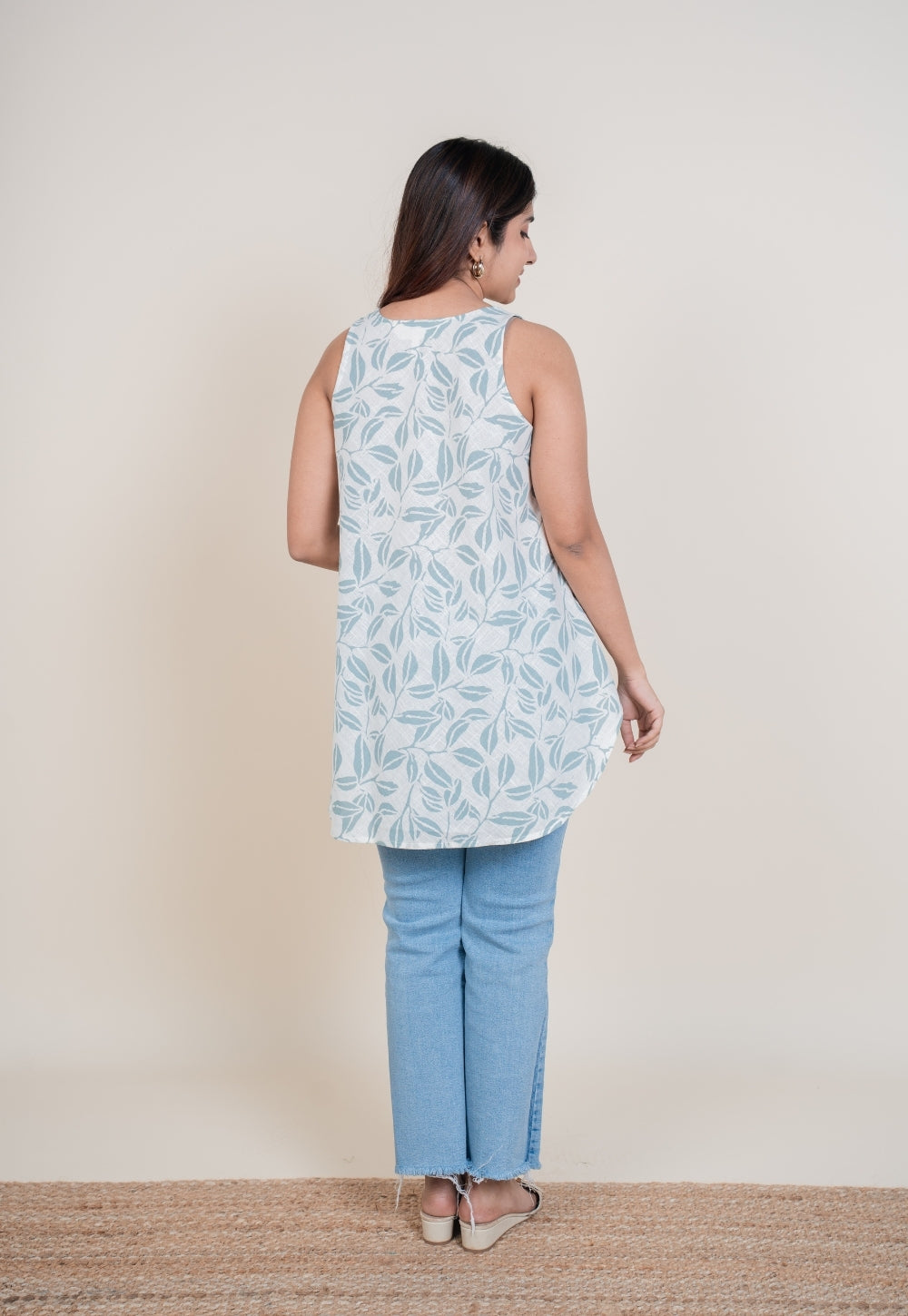 Aelin Blue Handblock Print Slub Cotton A Line Short Top