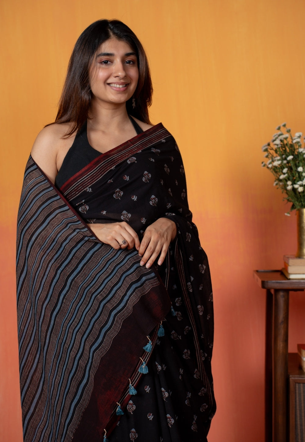 Black Floral Butti Ajrakh Hand Block Print Mul Saree