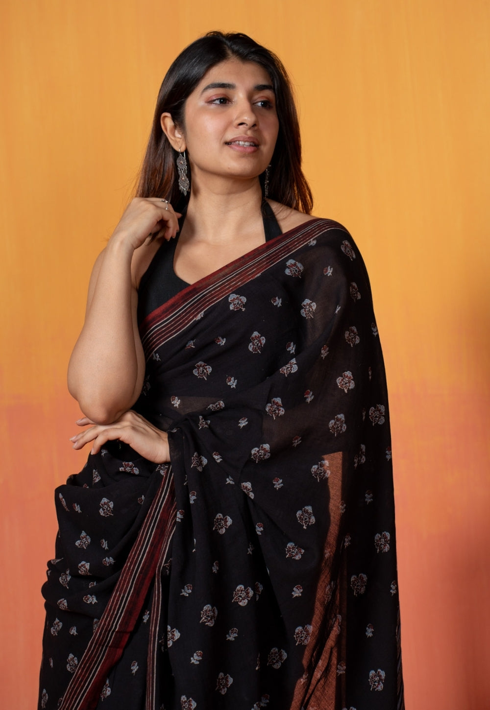 Black Floral Butti Ajrakh Hand Block Print Mul Saree