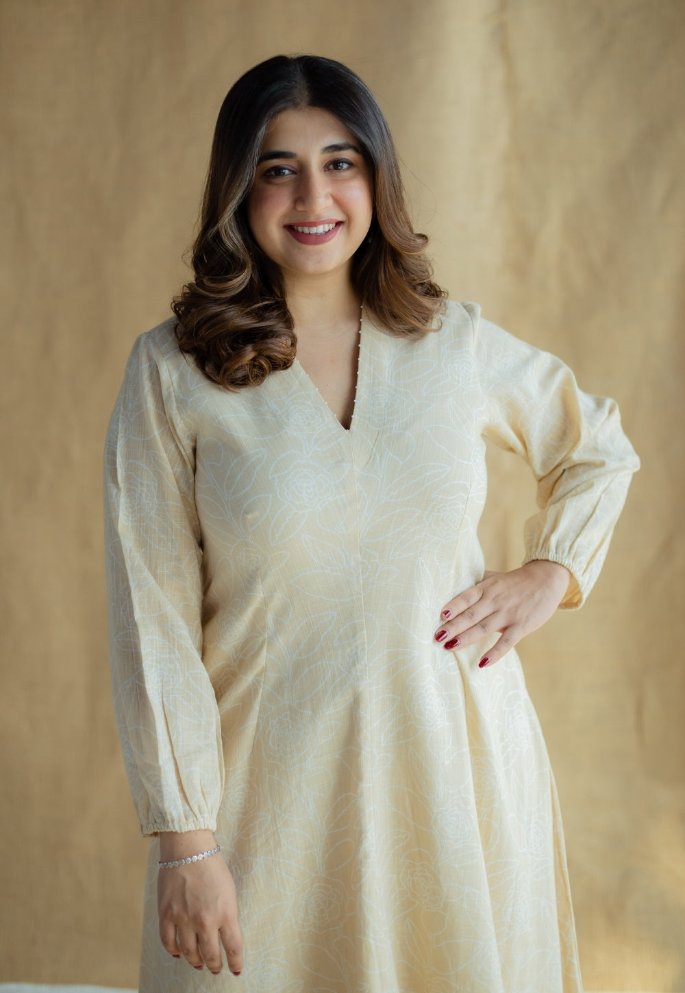 Eyza Cream Hand Block Print Slub Cotton A Line Dress with Hand Embroidery