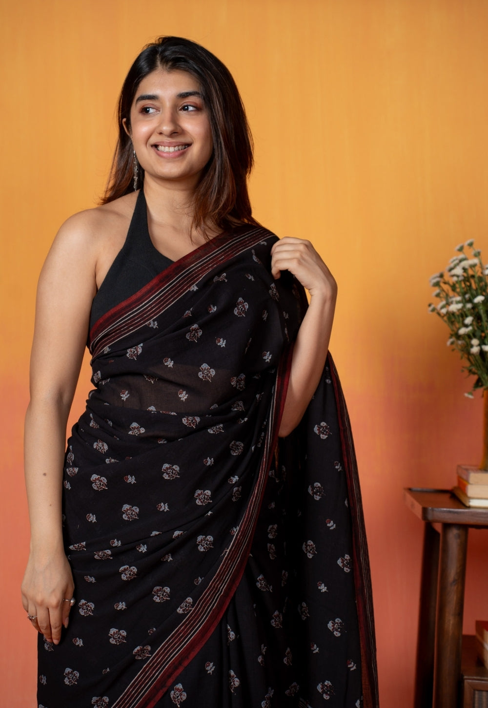 Black Floral Butti Ajrakh Hand Block Print Mul Saree