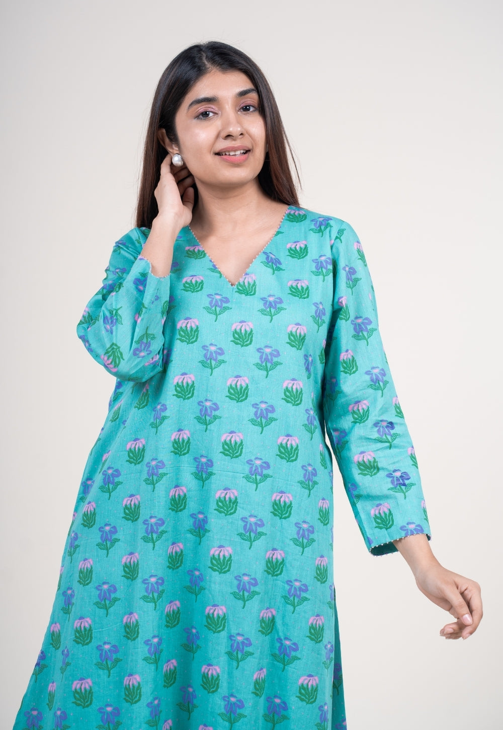 Neel Teal Blue Printed Mul A Line Kurta with Hand Embroidery