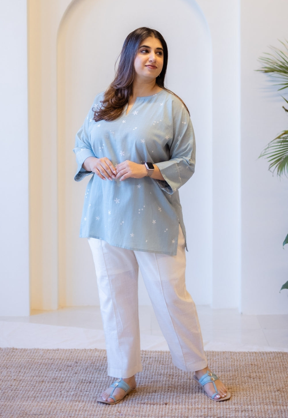 Lyla Sky Blue Hand Block Print Slub Cotton Straight Short Top with Hand Embroidery