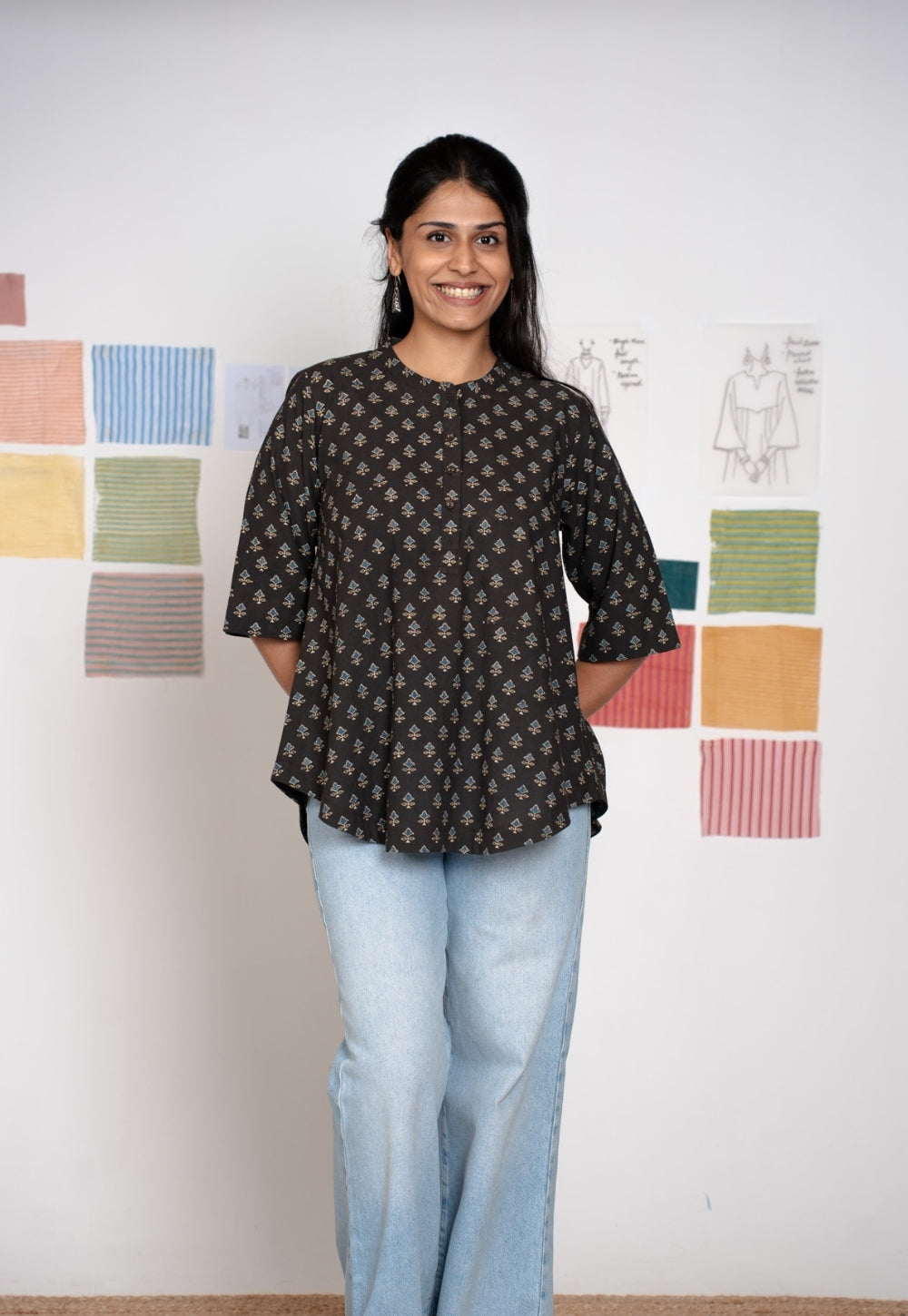 Ruby Black Ajrakh Cotton A Line Short Top