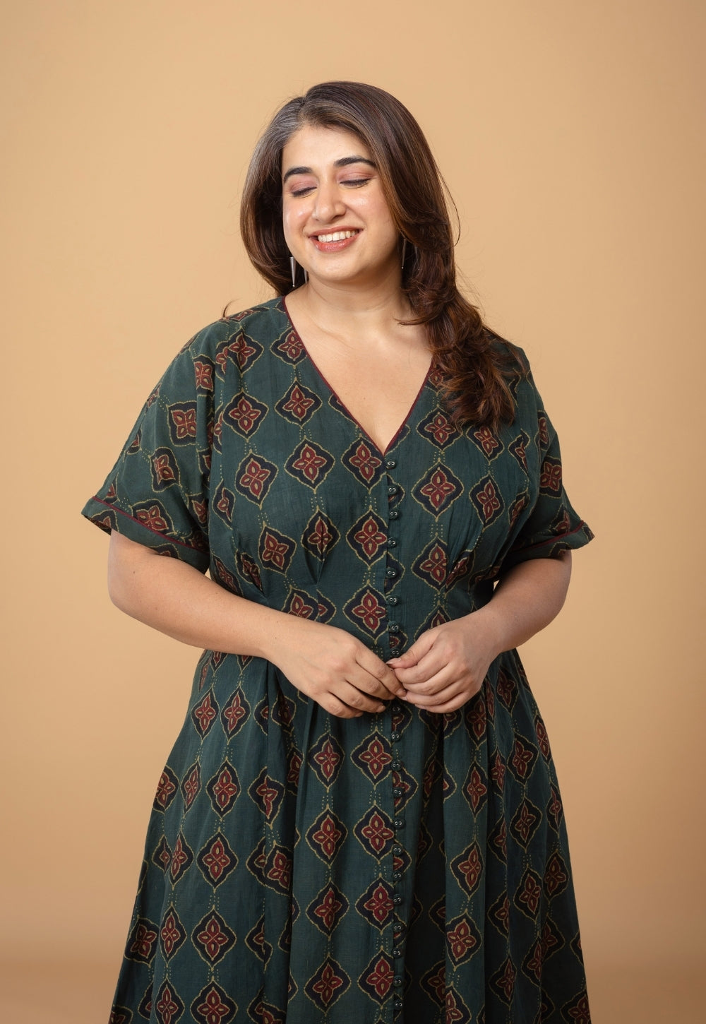 Reema Green Dabu Slub Cotton A Line Dress