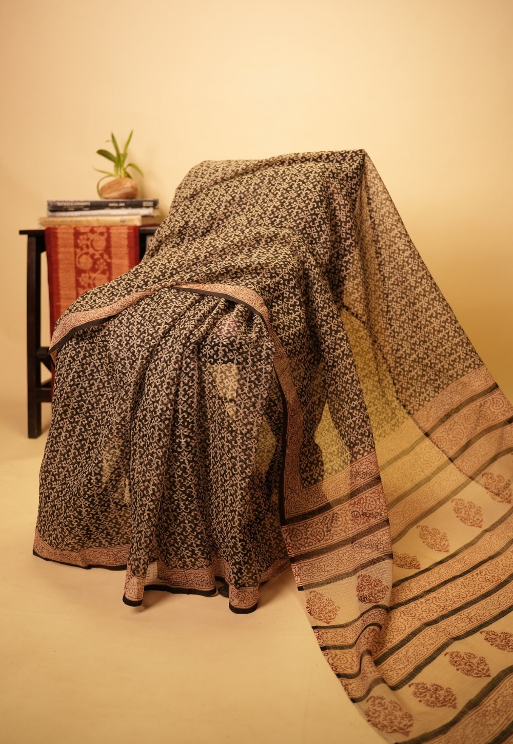 Black Butti Bagru Hand Block Print Kota Doria Saree