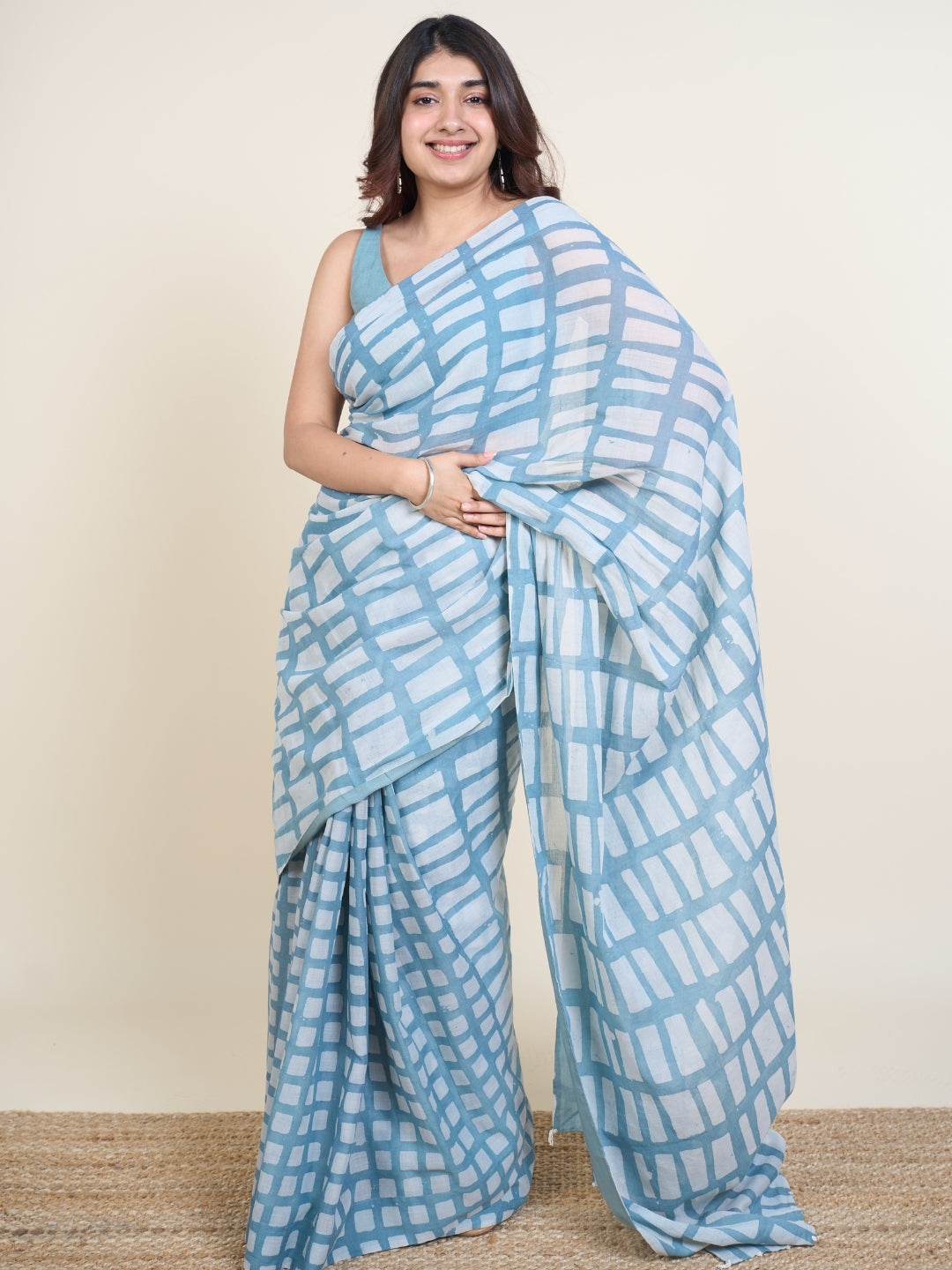 Mishi Blue Batik Hand Block Print Mul Cotton Saree with Embroidery
