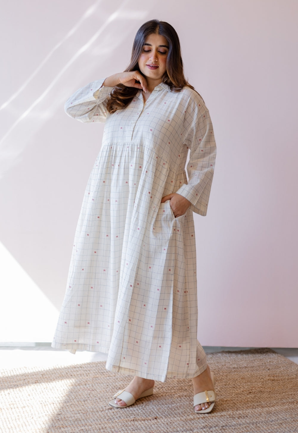Maira Off White Jamdani Handloom Cotton A Line Dress