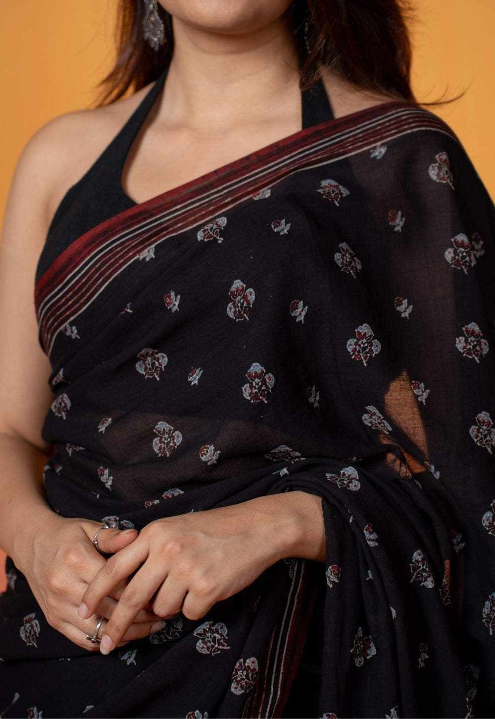 Black Floral Butti Ajrakh Hand Block Print Mul Saree