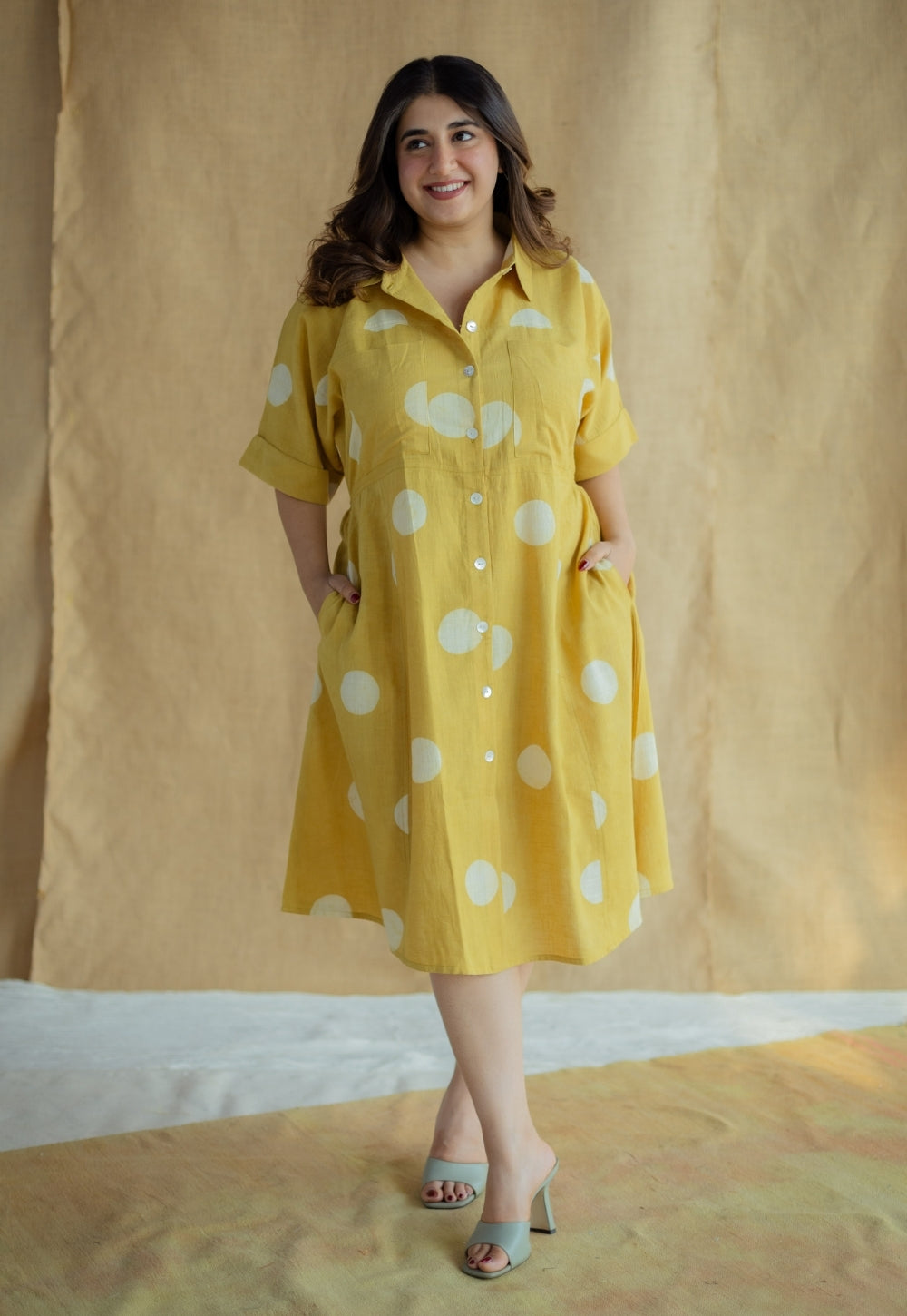 Falak Mustard Hand Block Print Slub Cotton A Line Dress