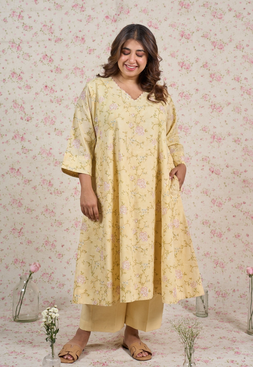 Helen Yellow Sanganeri Mul Cotton Jhabbha Kali Kurta with Embroidery
