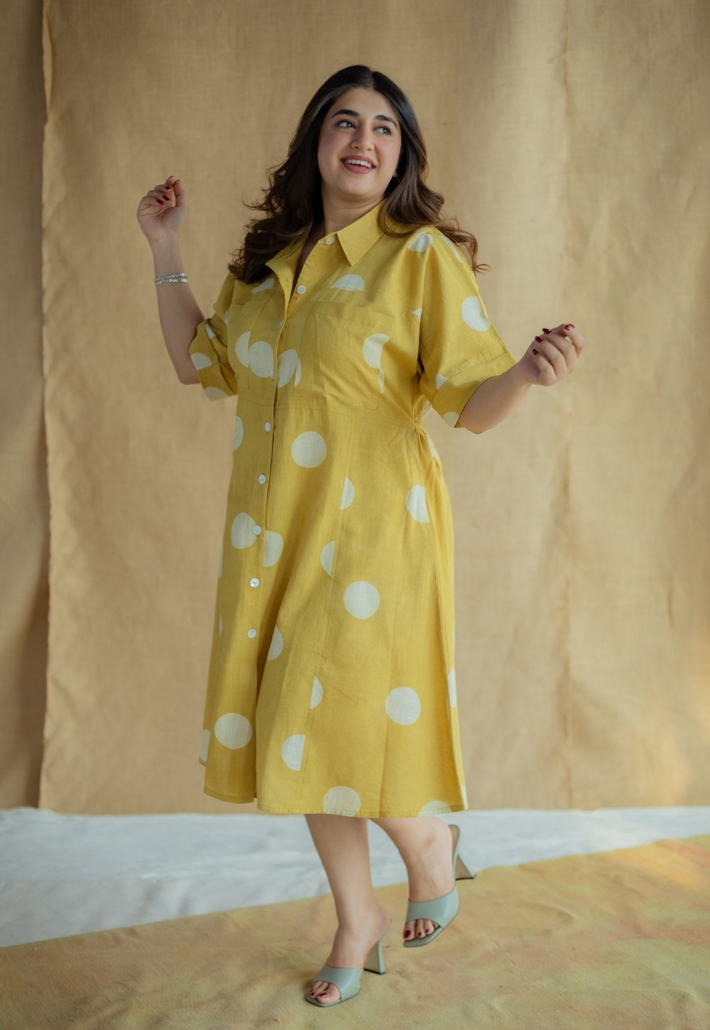 Falak Mustard Hand Block Print Slub Cotton A Line Dress