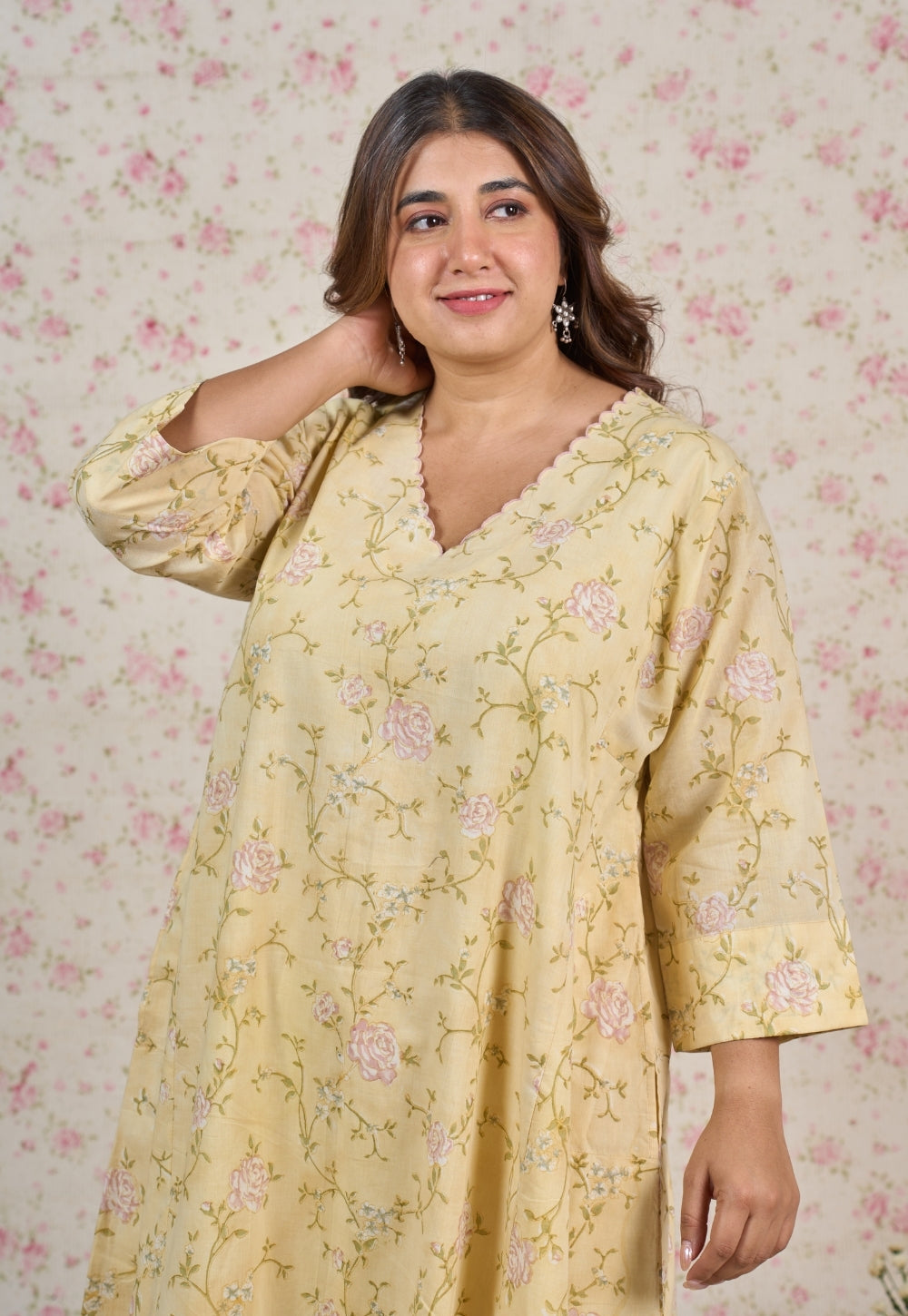 Helen Yellow Sanganeri Mul Cotton Jhabbha Kali Kurta with Embroidery