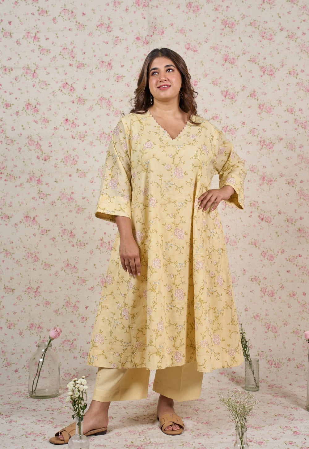 Prita Yellow Solid Cotton Flex Straight Pant